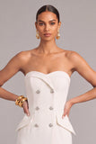 White Sheath Strapless Double Breasted Long Work Dress