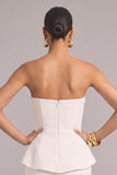White Sheath Strapless Double Breasted Long Work Dress