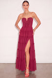 Burgundy Strapless Corset Ruffled Long Formal Dress