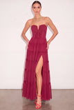 Burgundy Strapless Corset Ruffled Long Formal Dress