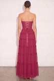 Burgundy Strapless Corset Ruffled Long Formal Dress
