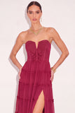 Burgundy Strapless Corset Ruffled Long Formal Dress