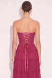 Burgundy Strapless Corset Ruffled Long Formal Dress