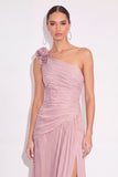 English Rose A Line One Shoulder Ruched Floral Maxi Wedding Guest Dress