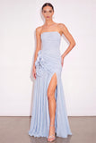Light Blue Ruched Strapless Long Wedding Guest Dress with 3D Flower