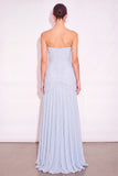 Light Blue Ruched Strapless Long Wedding Guest Dress with 3D Flower