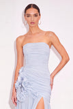 Light Blue Ruched Strapless Long Wedding Guest Dress with 3D Flower