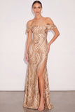 Golden Mermaid Off the Shoulder Maxi Formal Dress with Slit