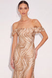 Golden Mermaid Off the Shoulder Maxi Formal Dress with Slit