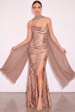 Golden Ruched Mermaid Strapless Long Formal Dress with Neck Scarf