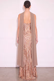 Golden Ruched Mermaid Strapless Long Formal Dress with Neck Scarf