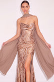 Golden Ruched Mermaid Strapless Long Formal Dress with Neck Scarf