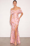 Floral Pink Mermaid Off the Shoulder Maxi Formal Dress with Slit