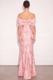 Floral Pink Mermaid Off the Shoulder Maxi Formal Dress with Slit