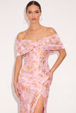 Floral Pink Mermaid Off the Shoulder Maxi Formal Dress with Slit