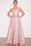 Pink A Line Floral Thick Straps Maxi Formal Dress