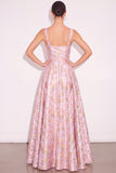Pink A Line Floral Thick Straps Maxi Formal Dress