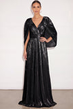 Sparkly Golden A Line V Neck Pleated Maxi Formal Dress with Cape