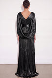 Sparkly Golden A Line V Neck Pleated Maxi Formal Dress with Cape