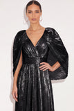 Sparkly Golden A Line V Neck Pleated Maxi Formal Dress with Cape
