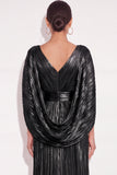 Sparkly Golden A Line V Neck Pleated Maxi Formal Dress with Cape