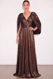 Sparkly Golden A Line V Neck Pleated Maxi Formal Dress with Cape