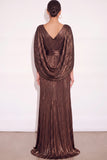 Sparkly Golden A Line V Neck Pleated Maxi Formal Dress with Cape