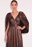 Sparkly Golden A Line V Neck Pleated Maxi Formal Dress with Cape