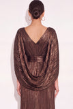 Sparkly Golden A Line V Neck Pleated Maxi Formal Dress with Cape
