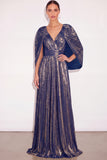 Sparkly Golden A Line V Neck Pleated Maxi Formal Dress with Cape