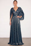 Sparkly Golden A Line V Neck Pleated Maxi Formal Dress with Cape
