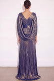 Sparkly Golden A Line V Neck Pleated Maxi Formal Dress with Cape