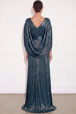 Sparkly Golden A Line V Neck Pleated Maxi Formal Dress with Cape