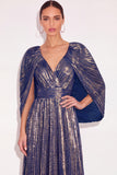 Sparkly Golden A Line V Neck Pleated Maxi Formal Dress with Cape