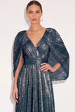 Sparkly Golden A Line V Neck Pleated Maxi Formal Dress with Cape