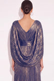 Sparkly Golden A Line V Neck Pleated Maxi Formal Dress with Cape
