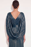 Sparkly Golden A Line V Neck Pleated Maxi Formal Dress with Cape