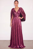 Sparkly Golden A Line V Neck Pleated Maxi Formal Dress with Cape