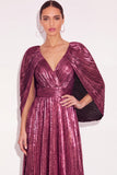 Sparkly Golden A Line V Neck Pleated Maxi Formal Dress with Cape