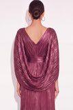 Sparkly Golden A Line V Neck Pleated Maxi Formal Dress with Cape