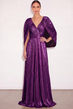 Sparkly Golden A Line V Neck Pleated Maxi Formal Dress with Cape