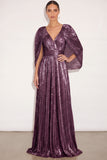 Sparkly Golden A Line V Neck Pleated Maxi Formal Dress with Cape