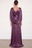Sparkly Golden A Line V Neck Pleated Maxi Formal Dress with Cape