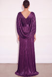 Sparkly Golden A Line V Neck Pleated Maxi Formal Dress with Cape