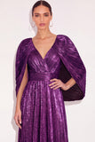 Sparkly Golden A Line V Neck Pleated Maxi Formal Dress with Cape