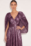 Sparkly Golden A Line V Neck Pleated Maxi Formal Dress with Cape