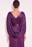 Sparkly Golden A Line V Neck Pleated Maxi Formal Dress with Cape