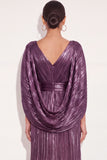 Sparkly Golden A Line V Neck Pleated Maxi Formal Dress with Cape