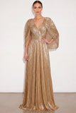 Sparkly Golden A Line V Neck Pleated Maxi Formal Dress with Cape