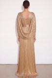 Sparkly Golden A Line V Neck Pleated Maxi Formal Dress with Cape